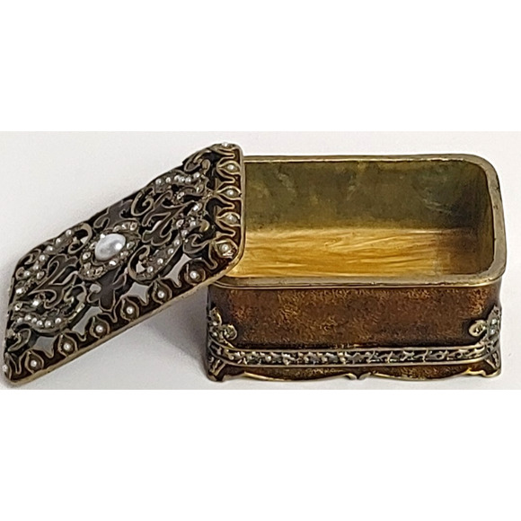 Heirloom Brass Box Enamel Embellished Treasure Trinket Lid Faux Pearl Rhinestone - Picture 5 of 9